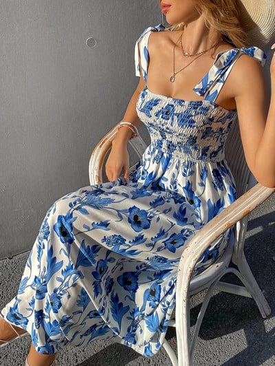 Moda femei vară imprimeu jacquard rochie a-line design contracție arc decor sling fără mâneci fără spate talie înaltă rochie lungă subțire