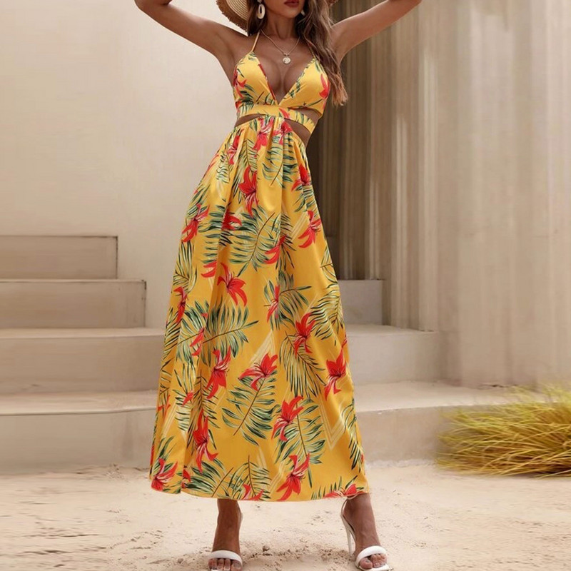 Nyári ruhák nőknek 2023-as szexi hasított hosszú ruhák Strand virágos ruha nyitott hátú masnis csomó nyitott galléros hasított ruha Vestidos