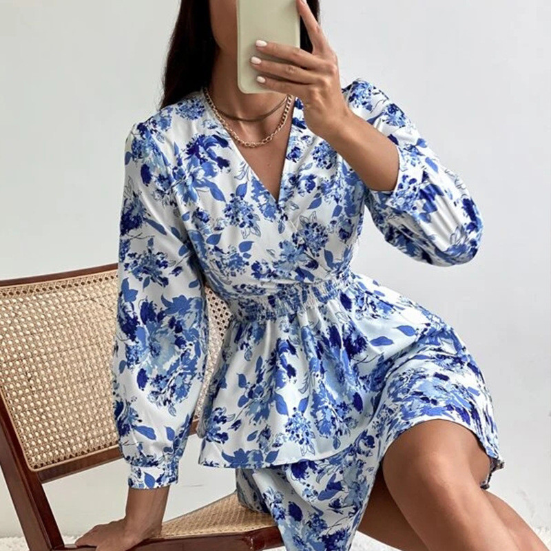 Sieviešu seksīga mini kleita ar V kakla izgriezumu ar garām piedurknēm Boho stila ziedu apdruka ar augstu vidukli Eleganta sieviešu apģērbi volāni Biroja kleitas ballītes halāts