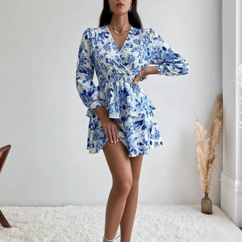 Sieviešu seksīga mini kleita ar V kakla izgriezumu ar garām piedurknēm Boho stila ziedu apdruka ar augstu vidukli Eleganta sieviešu apģērbi volāni Biroja kleitas ballītes halāts