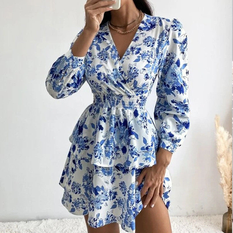 Sieviešu seksīga mini kleita ar V kakla izgriezumu ar garām piedurknēm Boho stila ziedu apdruka ar augstu vidukli Eleganta sieviešu apģērbi volāni Biroja kleitas ballītes halāts