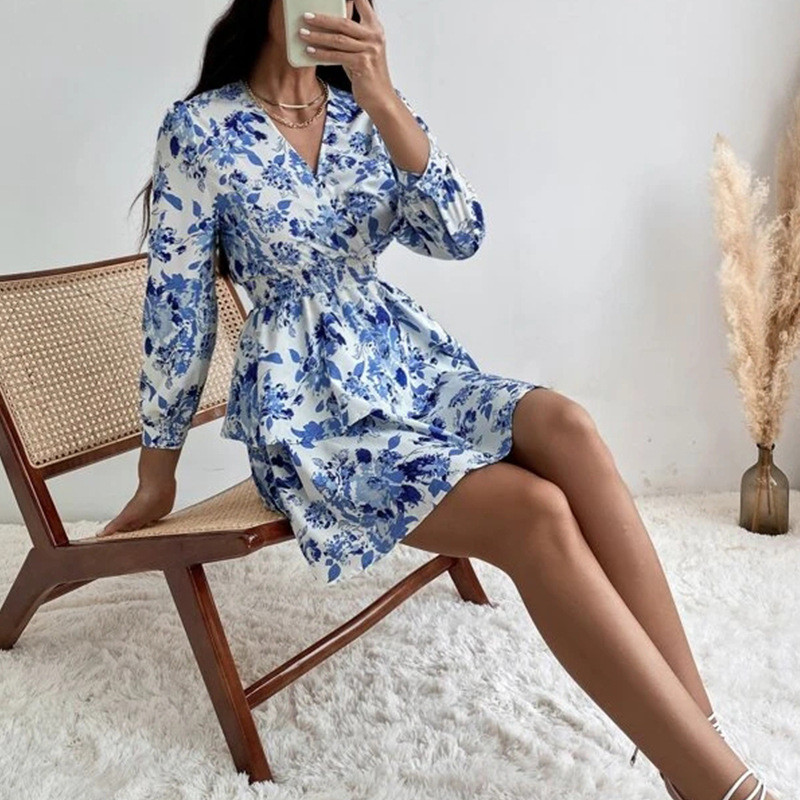 Sieviešu seksīga mini kleita ar V kakla izgriezumu ar garām piedurknēm Boho stila ziedu apdruka ar augstu vidukli Eleganta sieviešu apģērbi volāni Biroja kleitas ballītes halāts