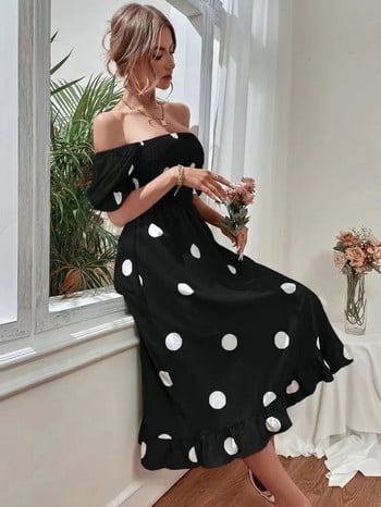 Sexy Off Shoulder Πουά Γυναικεία Φόρεμα Midi 2023 Καλοκαιρινό casual υψηλής ελαστικότητας Κομψά φορέματα γραφείου για γυναίκες