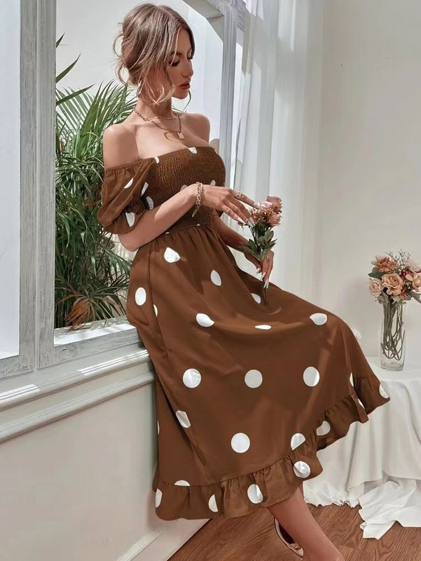 Szexi vállra vágott pöttyös midi ruha női 2023 nyári alkalmi, nagy rugalmasságú elegáns irodai ruhák női ruhák