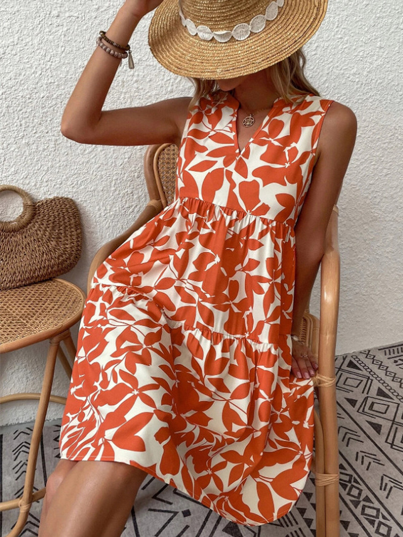 Vasarinė laisvalaikio suknelė moteriška elegantiška V kaklo be rankovių, laisvai gėlėmis margintos paplūdimio vakarėlio suknelės moterims