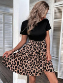 Γυναικείο Leopard Patchwork Φόρεμα σε γραμμή Α 2023 Summer O Neck Μίνι φορέματα με κοντό μανίκι Γυναικεία casual φορέματα γραφείου Vestido Playa