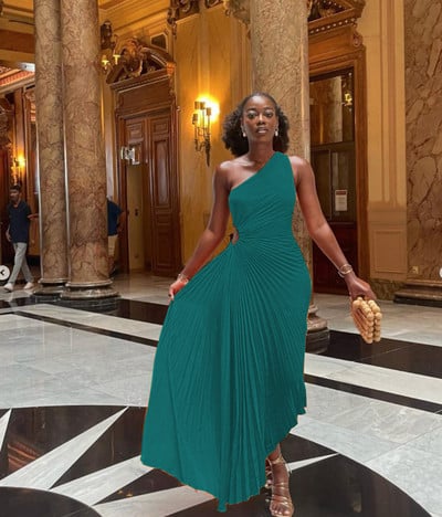 Elegantne naiste plisseeritud kleit Seksikas ühe õlaga varrukateta ebaregulaarne kleit Vintage seljata õõnsad õhtukleidid Vestidos