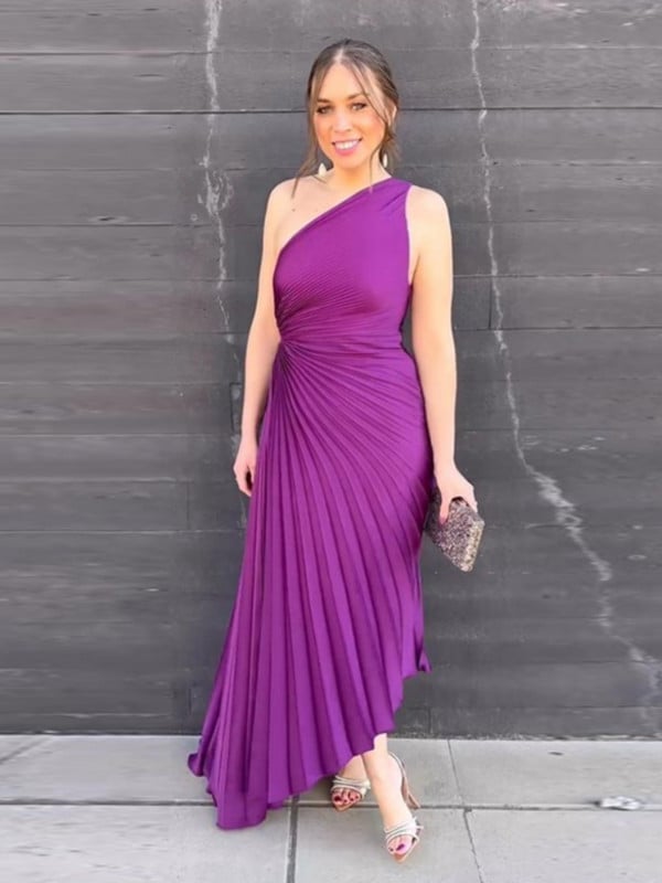 Elegantne naiste plisseeritud kleit Seksikas ühe õlaga varrukateta ebaregulaarne kleit Vintage seljata õõnsad õhtukleidid Vestidos