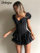 Darlingaga Fashion V λαιμόκοψη βολάν Πλισέ Γυναικείο φόρεμα Puff μανίκι Κομψό μαύρο καλοκαιρινό πάρτι Hollow Out Vintage κορσέ Γυναικεία