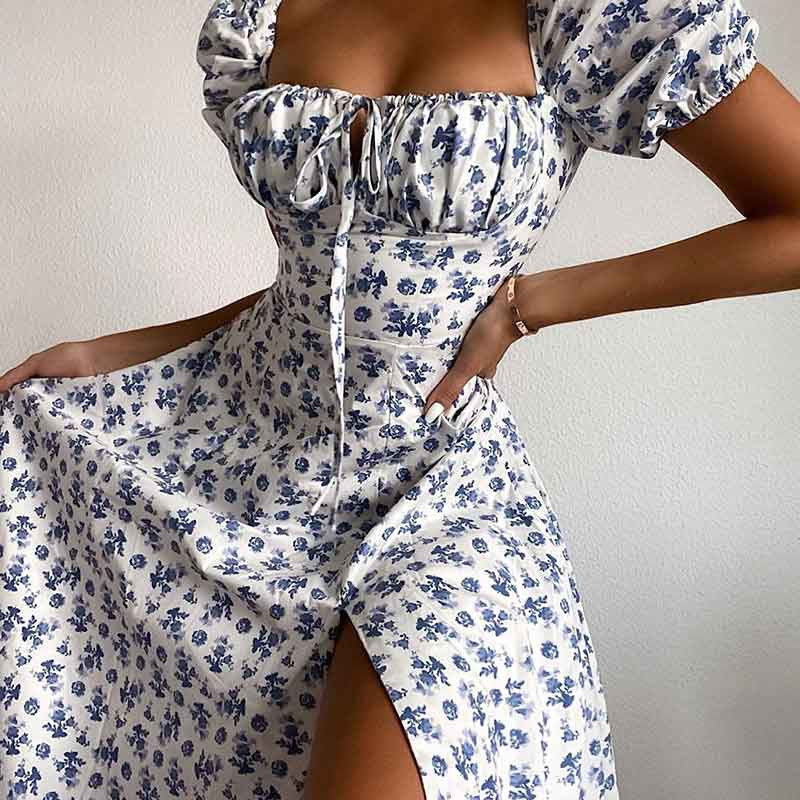 Szexi virágmintás ruha, női, elegáns négyszögletes nyakú, felfújt ujjú, magasan hasított, hosszú ruha 2023-as nyári alkalmi felszerelés, buli elegáns Vestido