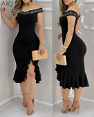 Női szexi, fényes strasszokkal díszített, vállon kívüli testes ruha