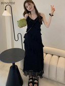 Βολάν Φορέματα Γυναικεία Μινιμαλιστικό Καθαρό Σχέδιο Λεπτές Γυναικείες Midi Vestidos Σέξι Αμάνικο Καλοκαιρινό Αναπνεύσιμο Μόδα Κορεάτικο Στιλ