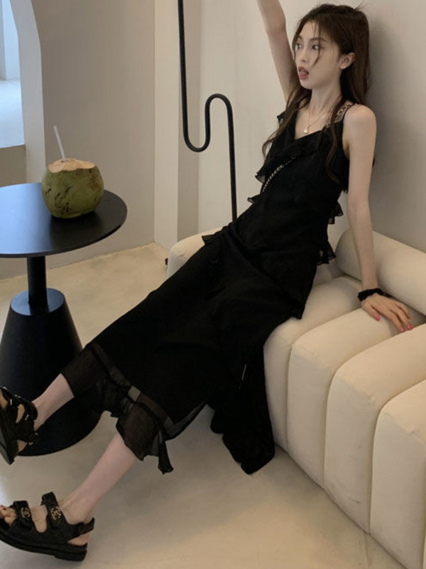 Βολάν Φορέματα Γυναικεία Μινιμαλιστικό Καθαρό Σχέδιο Λεπτές Γυναικείες Midi Vestidos Σέξι Αμάνικο Καλοκαιρινό Αναπνεύσιμο Μόδα Κορεάτικο Στιλ