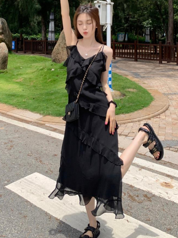 Βολάν Φορέματα Γυναικεία Μινιμαλιστικό Καθαρό Σχέδιο Λεπτές Γυναικείες Midi Vestidos Σέξι Αμάνικο Καλοκαιρινό Αναπνεύσιμο Μόδα Κορεάτικο Στιλ