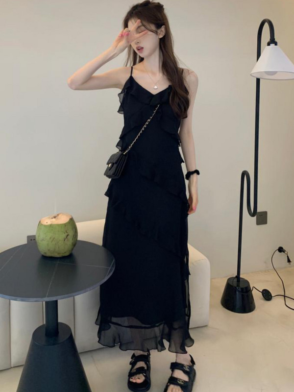 Βολάν Φορέματα Γυναικεία Μινιμαλιστικό Καθαρό Σχέδιο Λεπτές Γυναικείες Midi Vestidos Σέξι Αμάνικο Καλοκαιρινό Αναπνεύσιμο Μόδα Κορεάτικο Στιλ