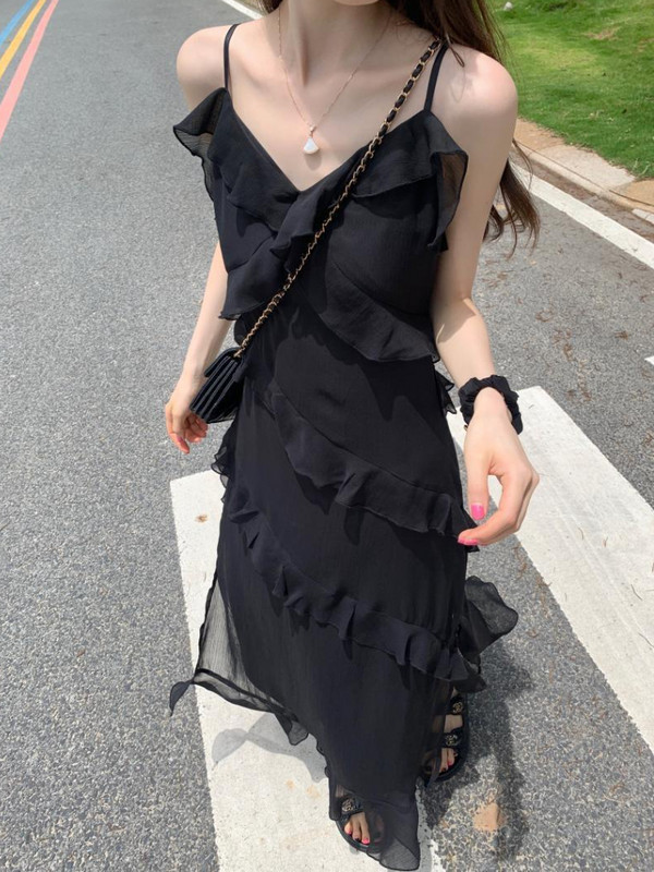 Βολάν Φορέματα Γυναικεία Μινιμαλιστικό Καθαρό Σχέδιο Λεπτές Γυναικείες Midi Vestidos Σέξι Αμάνικο Καλοκαιρινό Αναπνεύσιμο Μόδα Κορεάτικο Στιλ