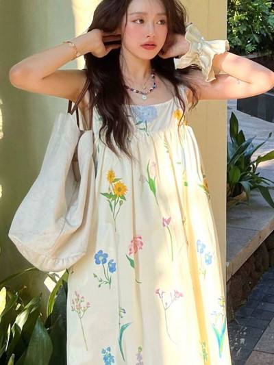 Kleitas Sievietēm Vasaras A līnijas midi mežģīnes ar ziedu spageti siksniņu ar augstu vidukli Brīvdienas Estētiskas Saldas Meitenes Jauki Korejiešu Stils Šiks