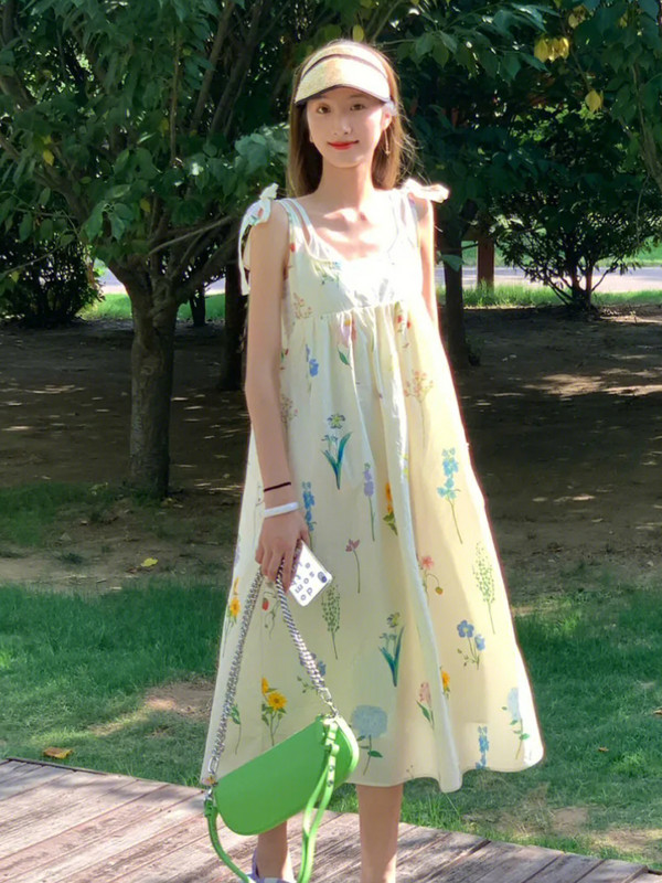 Kleitas Sievietēm Vasaras A līnijas midi mežģīnes ar ziedu spageti siksniņu ar augstu vidukli Brīvdienas Estētiskas Saldas Meitenes Jauki Korejiešu Stils Šiks