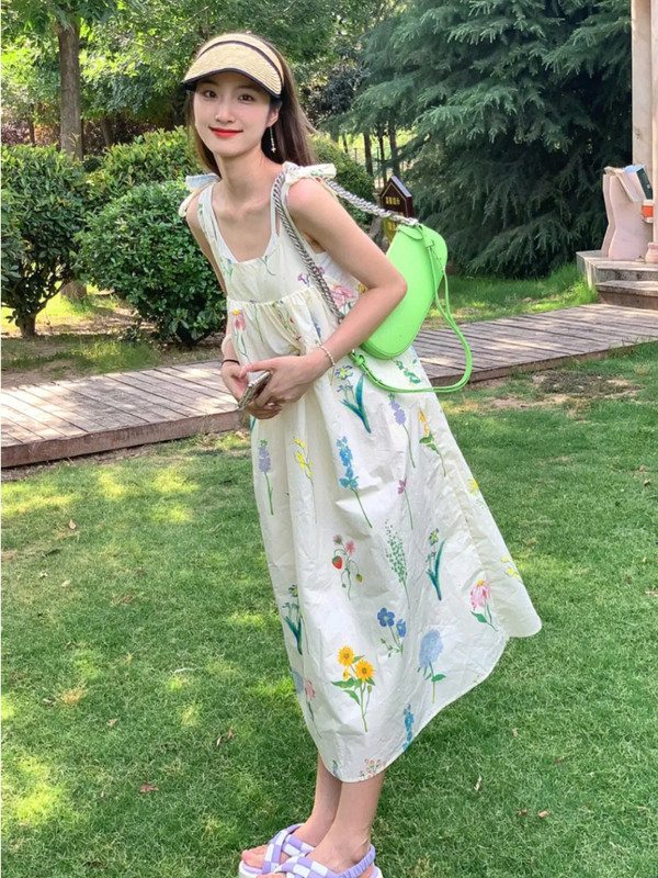 Kleitas Sievietēm Vasaras A līnijas midi mežģīnes ar ziedu spageti siksniņu ar augstu vidukli Brīvdienas Estētiskas Saldas Meitenes Jauki Korejiešu Stils Šiks