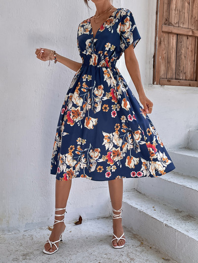 Sifon ruha nyári ruha 2023-as retro sárga piros virágmintás női alkalmi V-nyakú, rövid ujjú A-vonalú strand hosszú köntös ruha