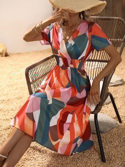 Sifon ruha nyári ruha 2023-as retro sárga piros virágmintás női alkalmi V-nyakú, rövid ujjú A-vonalú strand hosszú köntös ruha