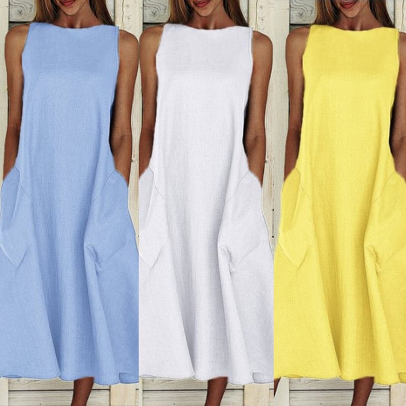 Nyári szüreti ruha, ujjatlan, egyszínű női ruha O nyakú zsebek nagy szegéllyel, alkalmi hosszú, bő ruha, sárga