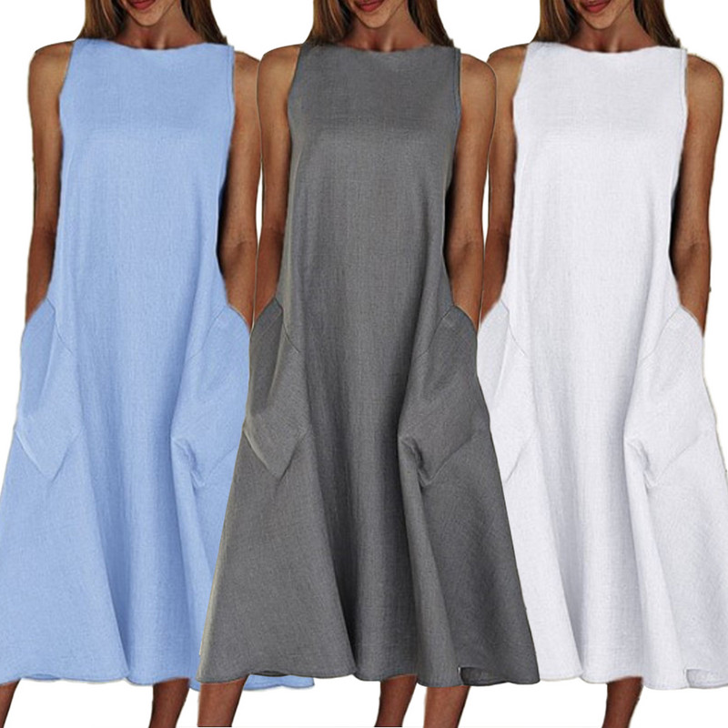 Nyári szüreti ruha, ujjatlan, egyszínű női ruha O nyakú zsebek nagy szegéllyel, alkalmi hosszú, bő ruha, sárga