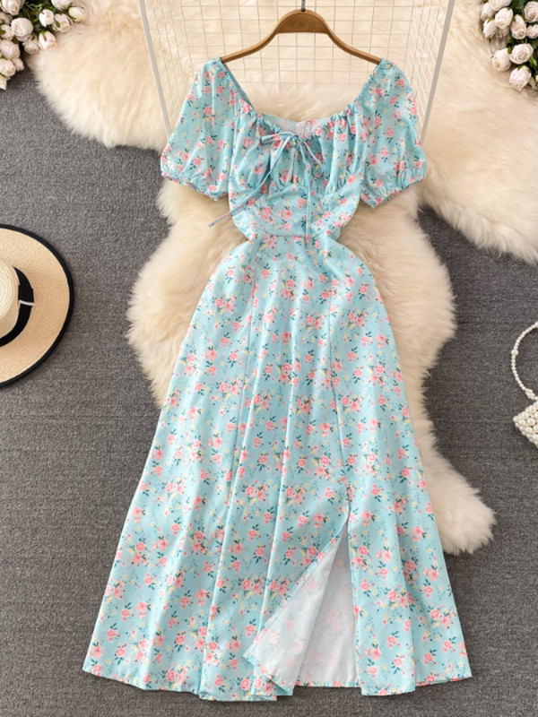 Vasaras vintage kleita zila ziedi vasaras burbuļa piedurknēm, piesienama seksīga sieviešu kleitas ar apdruku ar apdruku, sadalīta gara kleita Eleganta Vestidos