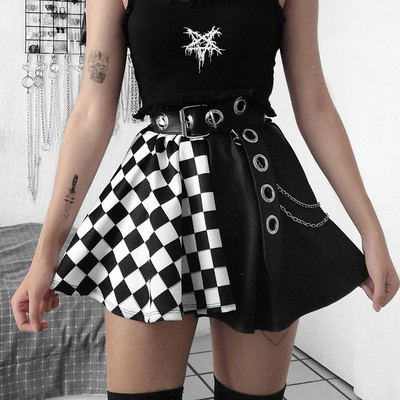 Goth tamsus languotas klostuotas sijonas juodas ant balto kontrastingi kratiniai sijonai aukštu juosmeniu Harajuku E-Girl Partywear