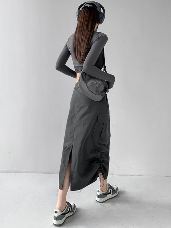 Y2k Midi szoknyák Női Cargo Hipster Harajuku Vintage Laza dögös lányok Divat Ins Ulzzang Elegáns utcai ruházat Hátsó hasított húzózsinór