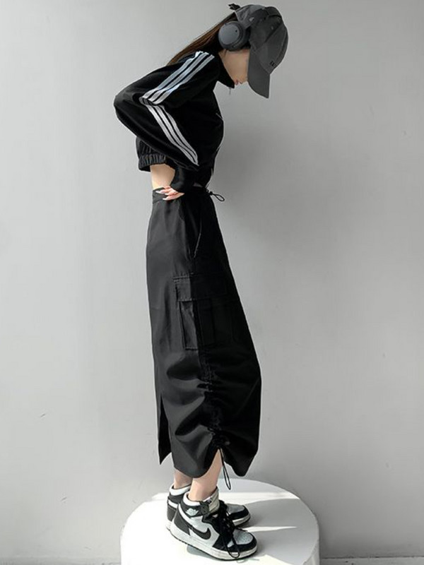 Y2k Midi szoknyák Női Cargo Hipster Harajuku Vintage Laza dögös lányok Divat Ins Ulzzang Elegáns utcai ruházat Hátsó hasított húzózsinór