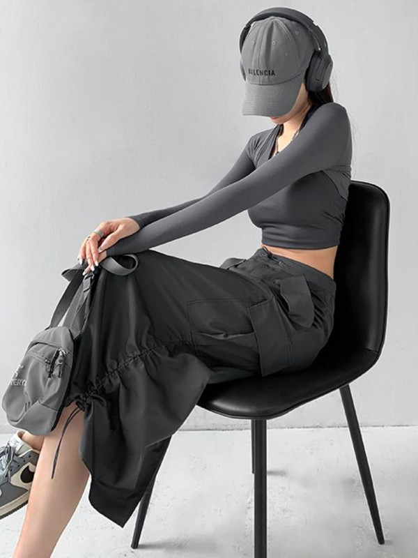 Y2k Midi szoknyák Női Cargo Hipster Harajuku Vintage Laza dögös lányok Divat Ins Ulzzang Elegáns utcai ruházat Hátsó hasított húzózsinór