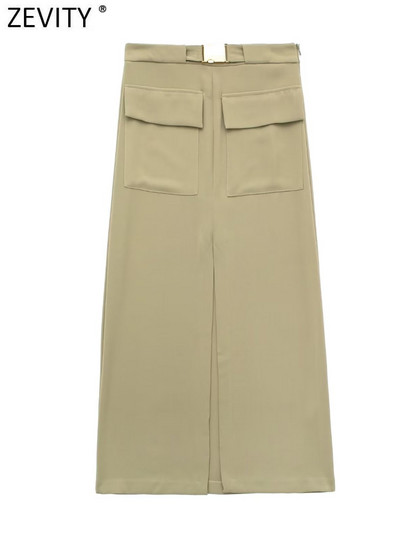 Dámska úzka midi sukňa so zipsom a prackou Zevity v safari štýle, elegantné, s rozparkom, rovné, s rozdelenými ramienkami QUN3587