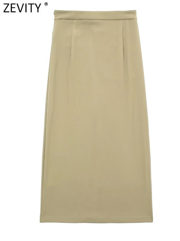 Dámska úzka midi sukňa so zipsom a prackou Zevity v safari štýle, elegantné, s rozparkom, rovné, s rozdelenými ramienkami QUN3587