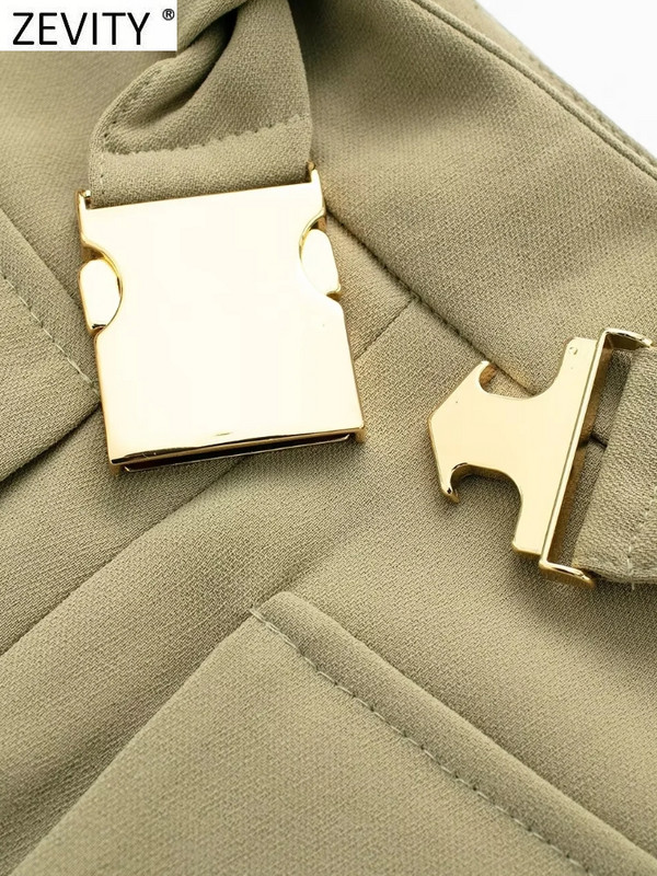 Dámska úzka midi sukňa so zipsom a prackou Zevity v safari štýle, elegantné, s rozparkom, rovné, s rozdelenými ramienkami QUN3587