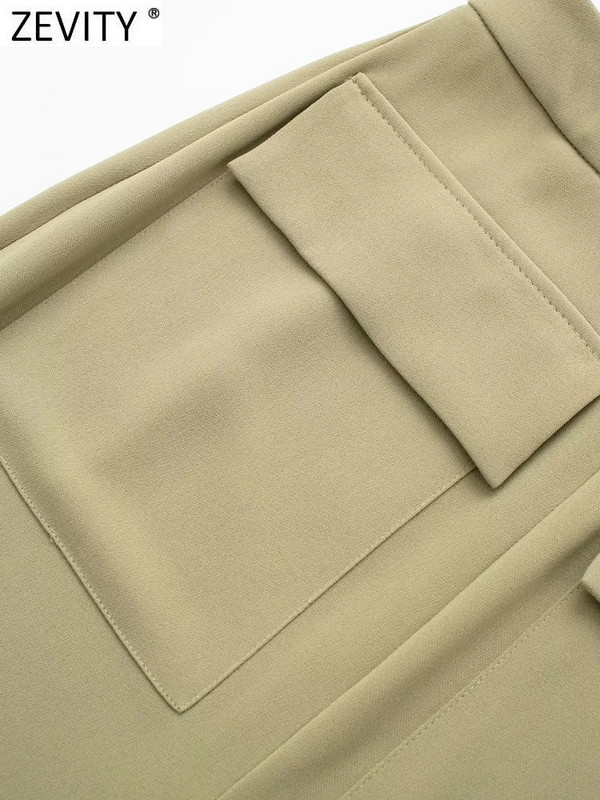 Dámska úzka midi sukňa so zipsom a prackou Zevity v safari štýle, elegantné, s rozparkom, rovné, s rozdelenými ramienkami QUN3587