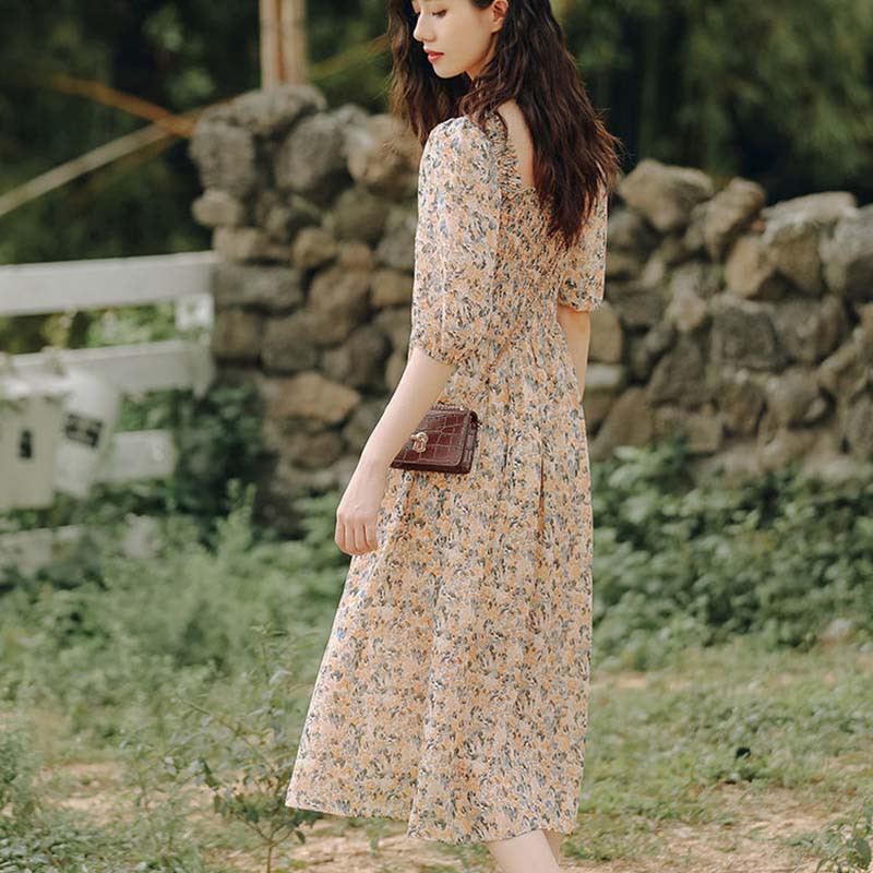 S-3XL Ziedu šifona kleita sievietēm, salda, pūšām piedurknēm, Empire Vintage Fairy, tieva kvadrātveida apkakle Vestido rozā temperaments, elegants, elegants