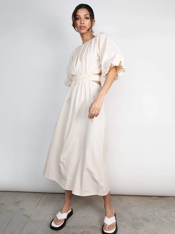 OOTN Elegáns, mélyen kivágott, hosszú női ruha 2023-as nyári, felfújt ujjú, magas derekú, nyakú, szexi A-vonalú midi ruhák, pamut köntös