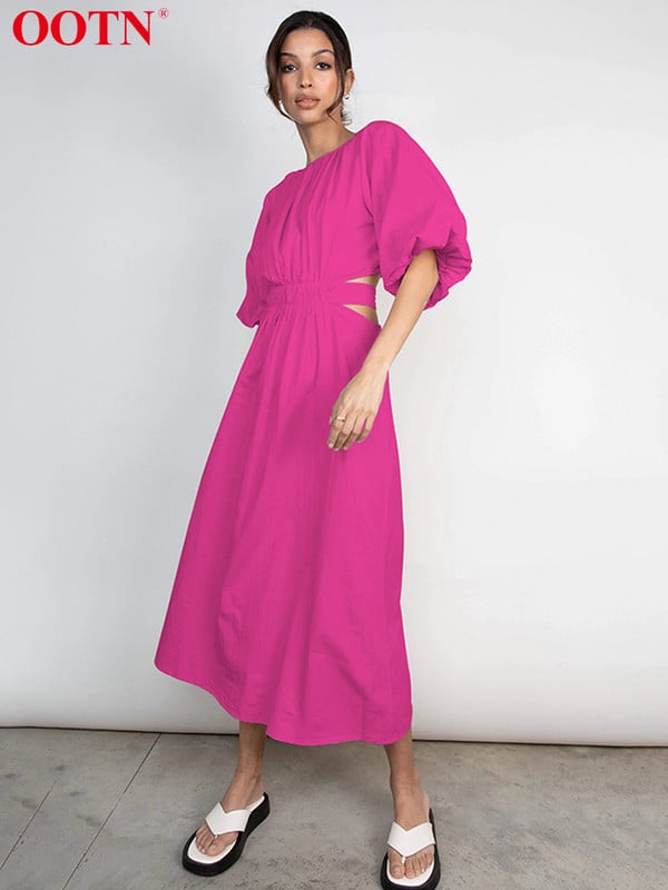 OOTN Elegáns, mélyen kivágott, hosszú női ruha 2023-as nyári, felfújt ujjú, magas derekú, nyakú, szexi A-vonalú midi ruhák, pamut köntös