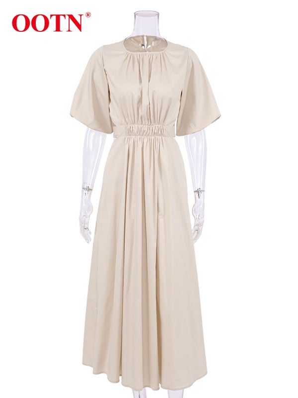 OOTN Elegáns, mélyen kivágott, hosszú női ruha 2023-as nyári, felfújt ujjú, magas derekú, nyakú, szexi A-vonalú midi ruhák, pamut köntös