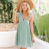 Seksīgas, seksīgas mežģīņu minikleitas sievietēm 2023. gads ar V veida izgriezumu, volānām piedurknēm A līnijas sauļošanās kleita vasarā Jauna ar kabatu un šortiem LH494