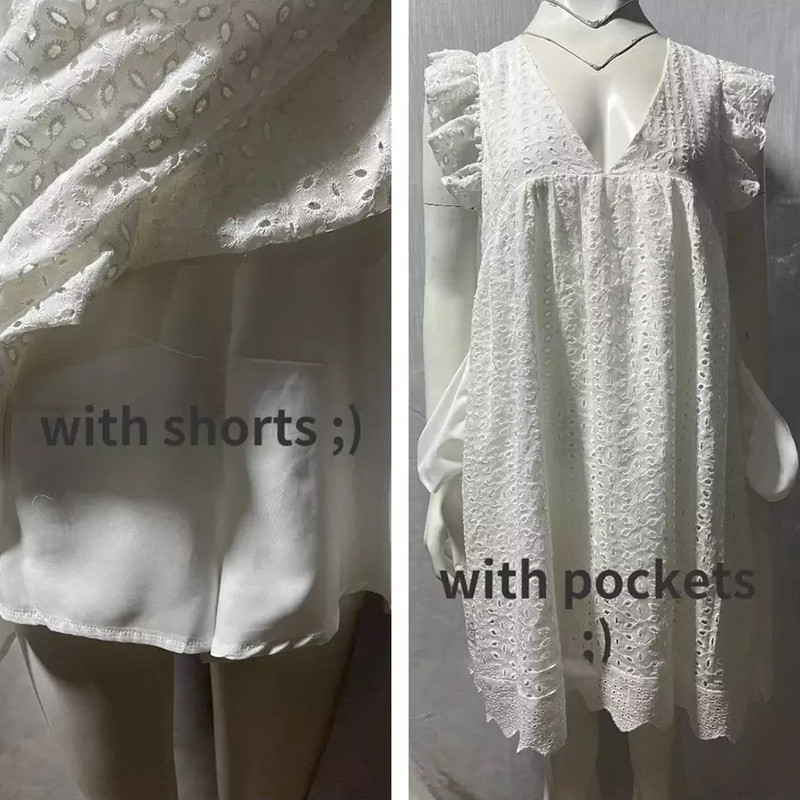 Seksīgas, seksīgas mežģīņu minikleitas sievietēm 2023. gads ar V veida izgriezumu, volānām piedurknēm A līnijas sauļošanās kleita vasarā Jauna ar kabatu un šortiem LH494