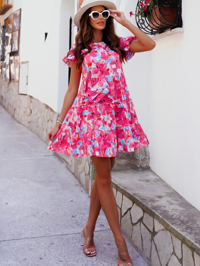 Vasaras modes apdrukas A-līnijas kleita sievietēm ar O veida kakla izgriezumu, īsām piedurknēm, volāniem, ikdienišķa brīva mini kleita 2022. gada sieviešu brīvdienu pludmales kleitas