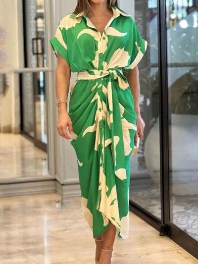 HOUZHOU zöld, elegáns női ruha művészeti nyomat hajtóka rövid ujjú, egysoros, gombos, leköthető, redőzött dizájn ingruhák női
