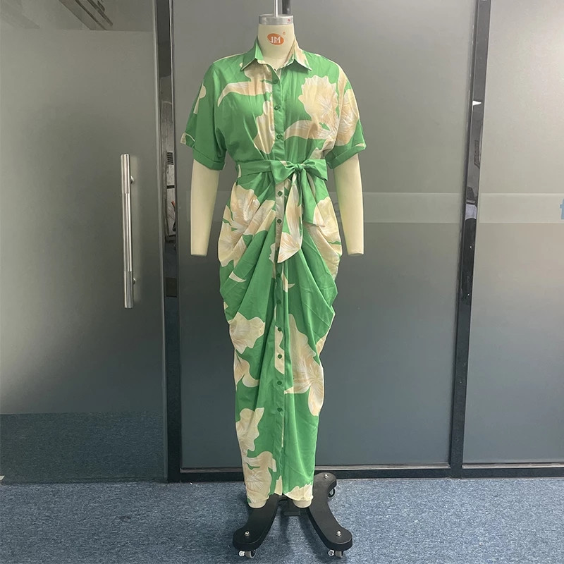 HOUZHOU zöld, elegáns női ruha művészeti nyomat hajtóka rövid ujjú, egysoros, gombos, leköthető, redőzött dizájn ingruhák női