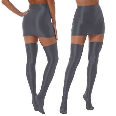 Seksīgi sieviešu glancēti mini svārki ar augstu vidukli ar augstu augšstilbu, 1 pāris zeķes naktskluba Rave apģērbs Clubwear sieviešu apģērbs