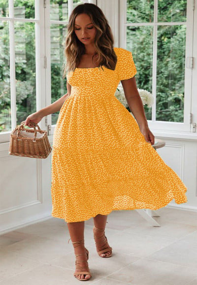 Rochie de damă cu gât pătrat cu flori vintage imprimeu cu mâneci cu bule flori fragmentate vară plajă flori dulce ocazional rochie lungă 2023