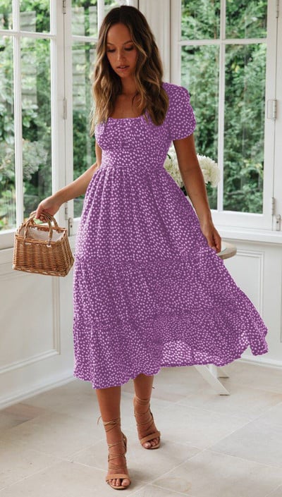 Rochie de damă cu gât pătrat cu flori vintage imprimeu cu mâneci cu bule flori fragmentate vară plajă flori dulce ocazional rochie lungă 2023