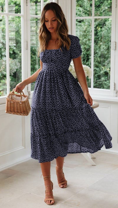 Rochie de damă cu gât pătrat cu flori vintage imprimeu cu mâneci cu bule flori fragmentate vară plajă flori dulce ocazional rochie lungă 2023