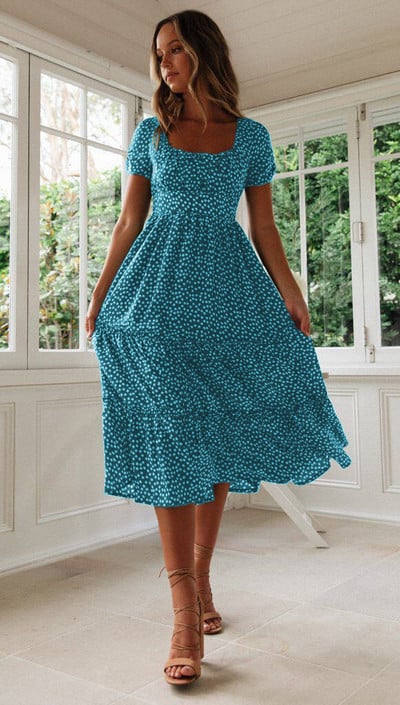 Rochie de damă cu gât pătrat cu flori vintage imprimeu cu mâneci cu bule flori fragmentate vară plajă flori dulce ocazional rochie lungă 2023